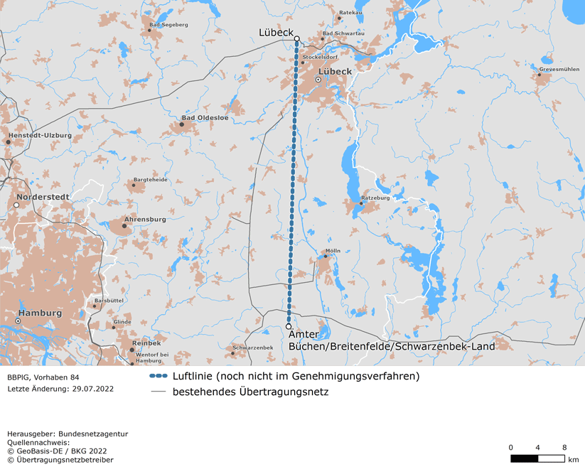 Luftlinie zwischen den Netzverknüpfungspunkten Lübeck und Ämter Büchen / Breitenfelde / Schwarzenbek-Land (BBPlG-Vorhaben 84)