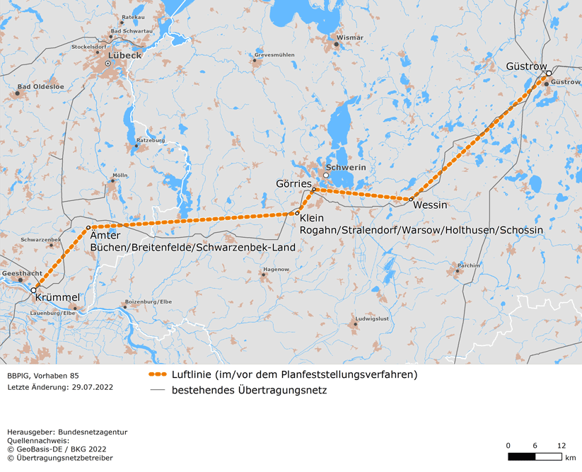 Luftlinie zwischen den Netzverknüpfungspunkten Krümmel, Ämter Büchen / Breitenfelde / Schwarzenbek-Land, Klein-Rogahn / Stralendorf / Warsow / Holthusen / Schossin, Görries, Wessin und Güstrow (BBPlG-Vorhaben 85)