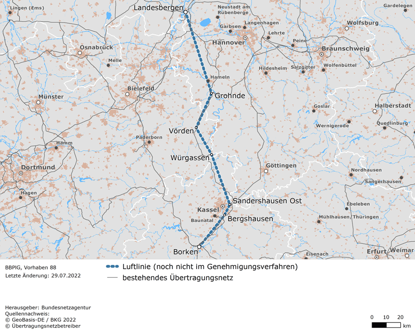 Luftlinie zwischen den Netzverknüpfungspunkten Landesbergen, Grohnde, Vörden, Würgassen, Sandershausen Ost, Bergshausen und Borken (BBPlG-Vorhaben 88)