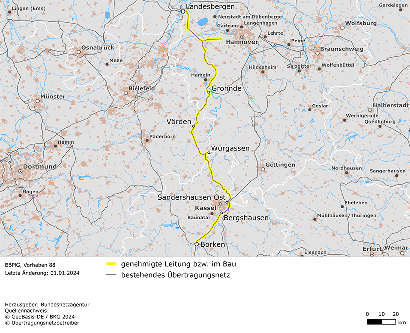 Trassenverlauf der Leitung Landesbergen – Grohnde – Vörden – Würgassen – Sandershausen Ost – Bergshausen – Borken (BBPlG-Vorhaben 88) Trassenverlauf der Leitung Landesbergen – Grohnde – Vörden – Würgassen – Sandershausen Ost – Bergshausen – Borken (BBPlG-Vorhaben 88)