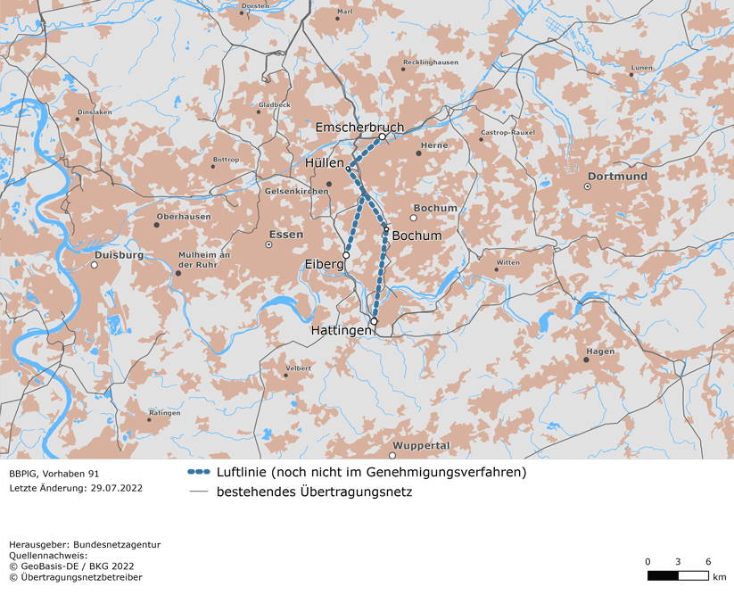Luftlinien zwischen den Netzverknüpfungspunkten Emscherbruch, Hüllen, Eiberg, Bochum und Hattingen (BBPlG-Vorhaben 91)