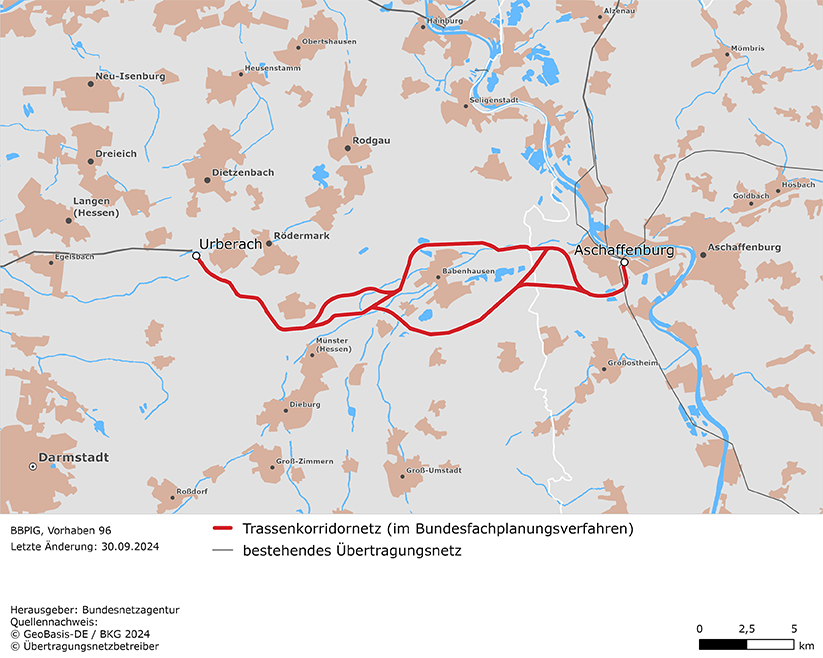 Luftlinie zwischen den Netzverknüpfungspunkten Urberach und Aschaffenburg (BBPlG-Vorhaben 96)