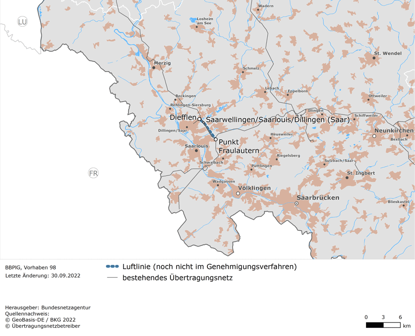 Luftlinie zwischen den Netzverknüpfungspunkten Diefflen und Punkt Fraulautern (BBPlG-Vorhaben 98) Luftlinie zwischen den Netzverknüpfungspunkten Diefflen und Punkt Fraulautern (BBPlG-Vorhaben 98)