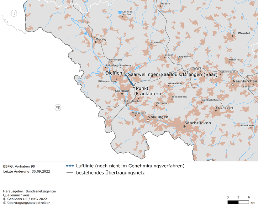 Luftlinie zwischen den Netzverknüpfungspunkten Diefflen und Punkt Fraulautern (BBPlG-Vorhaben 98)