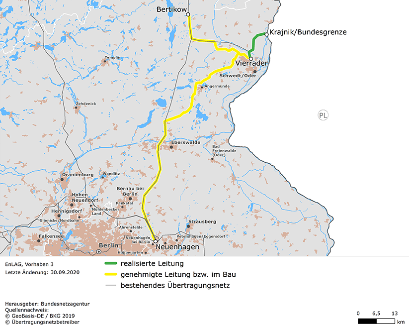 (möglicher) Trassenverlauf der Leitung Neuenhagen - Bertikow/Vierraden - Krajnik (EnLAG-Vorhaben 3) 