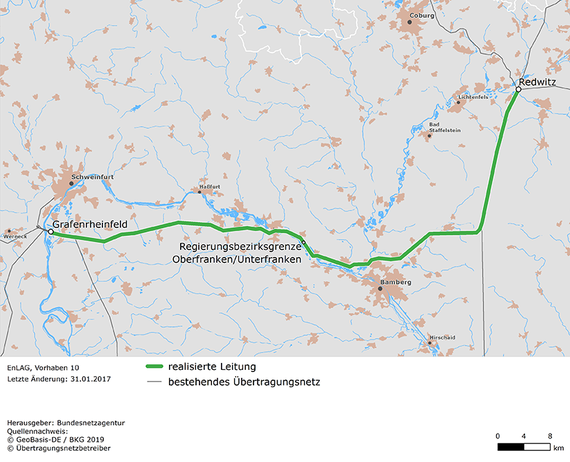 Trassenverlauf der Leitung Redwitz - Grafenrheinfeld (EnLAG-Vorhaben 10)