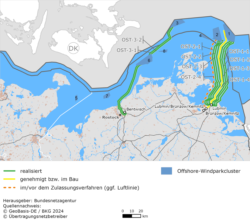 schematische Darstellung der Offshore-Vorhaben in der Ostsee